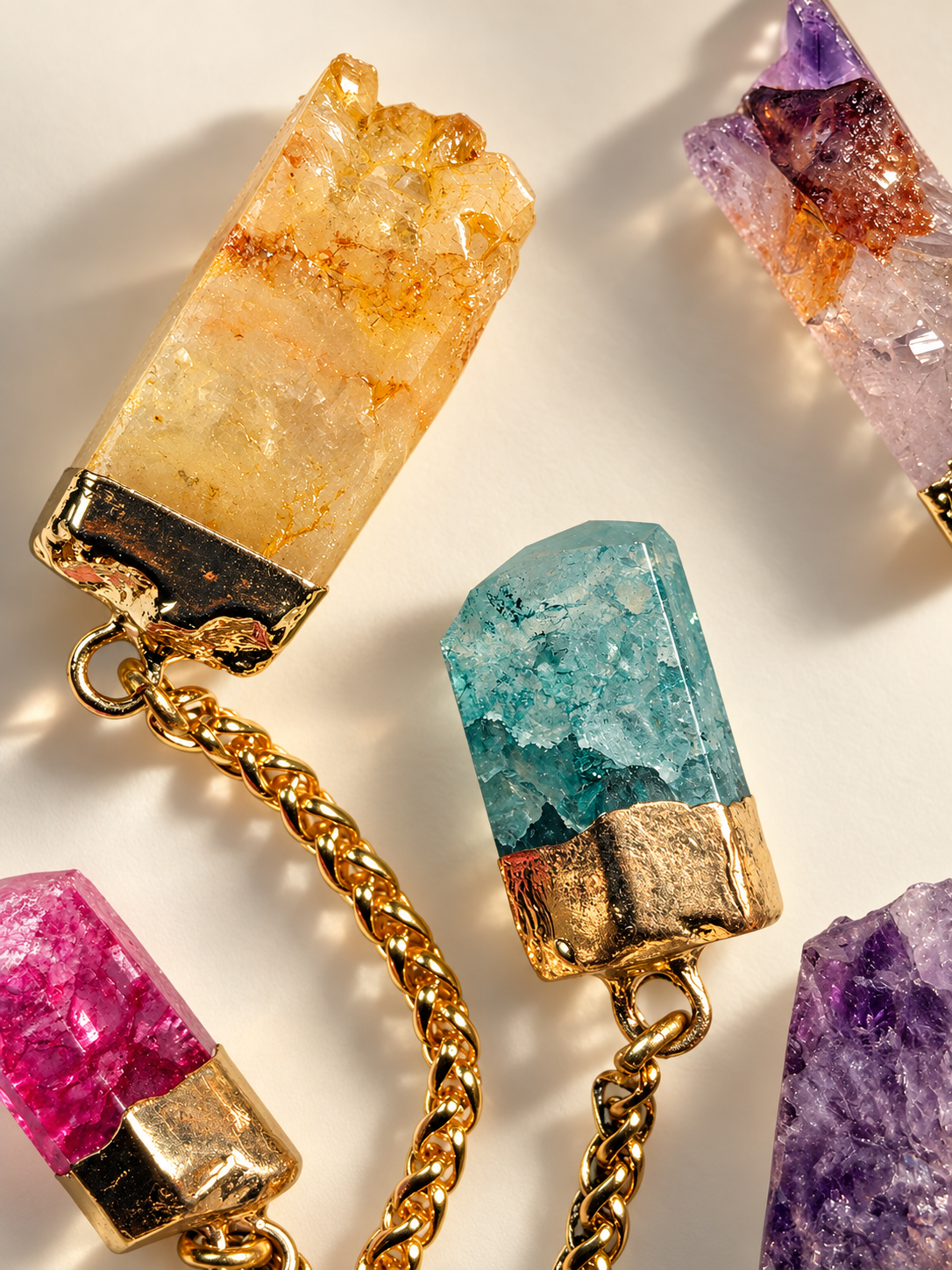 Sunny's natural gemstone pendants with 18K gold-plated caps